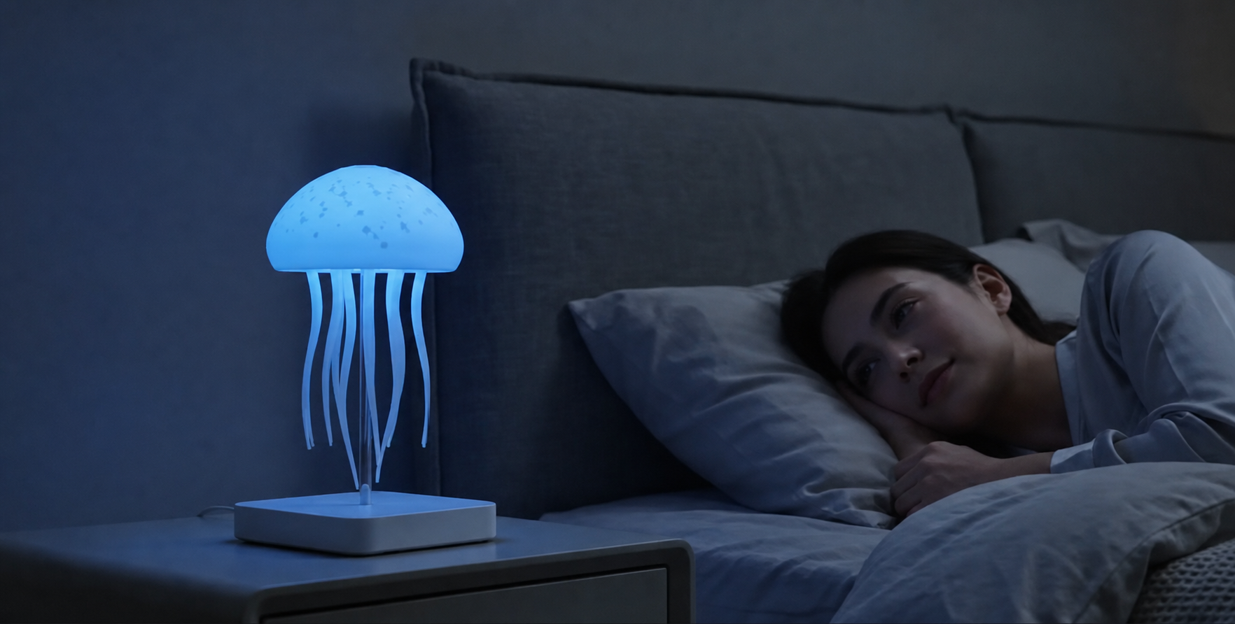Lámpara Kandrano Medusa azul iluminando un dormitorio por la noche