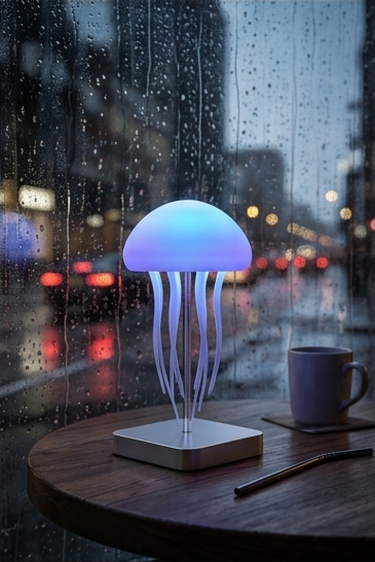 Lámpara Kandrano Medusa junto a una ventana en una tarde de lluvia